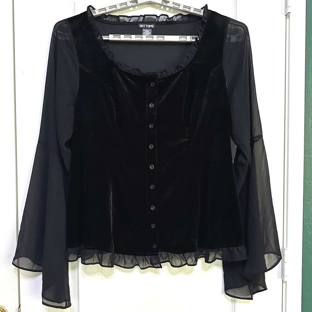 Whimsigoth Black Velvet Sheer Bell Sleeve Top Sz 2X Victorian Goth Dark Academia